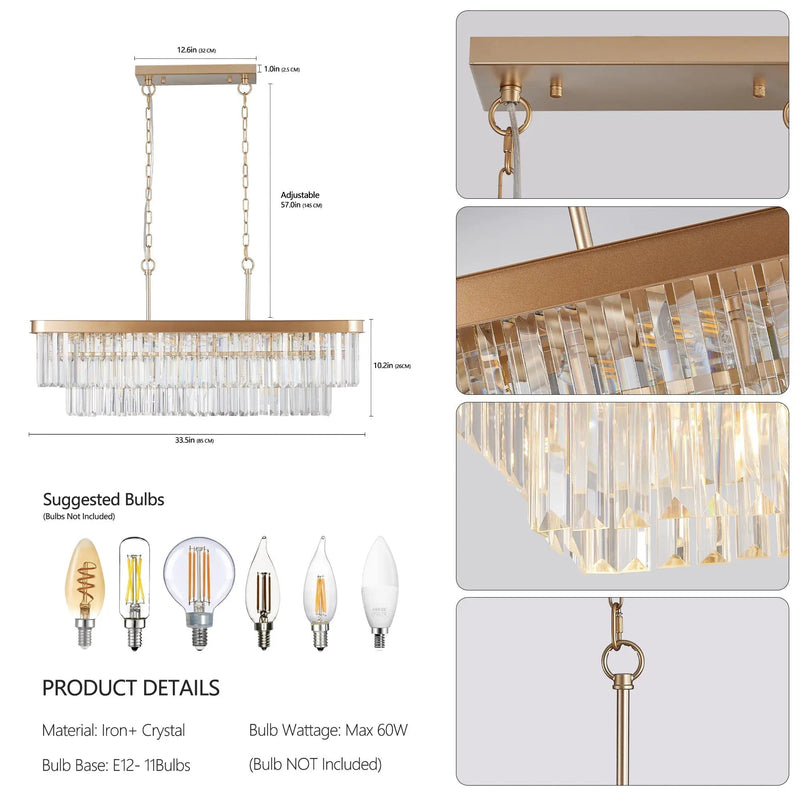 Rectangular Crystal Chandelier Adjustable Gold Iron Ceiling Light by HouseOfZazla
