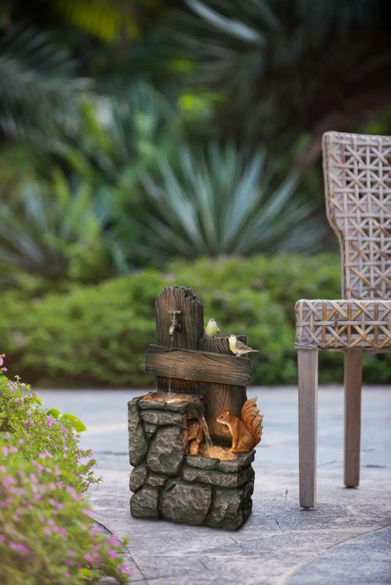 Decorative Two Tiered Water Fountain With Woodland Animal Design, Outdoor Fountain With Light And Pump - Multi by HouseOfZazla