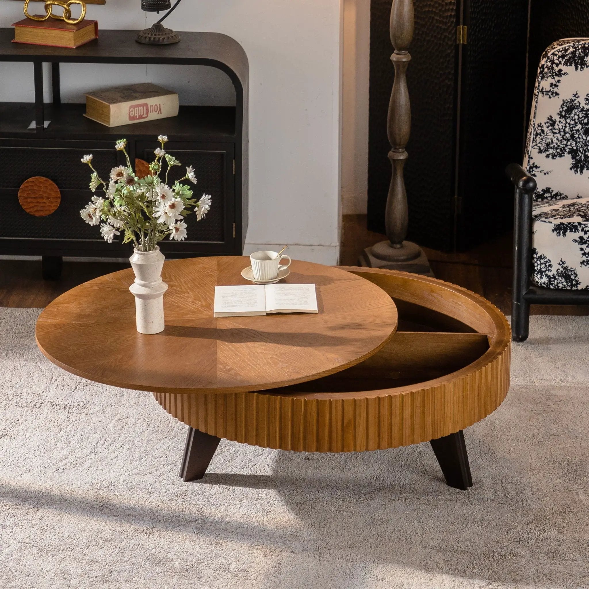 Round Retro Coffee With Solid Wood Legs by Unique Piece Furniture