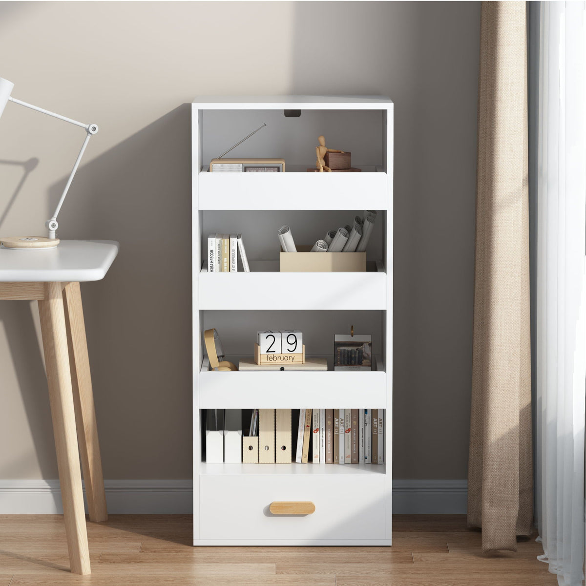 4 Tier Freestanding Bookshelf with Sliding Drawers - White, photo 4 of 4