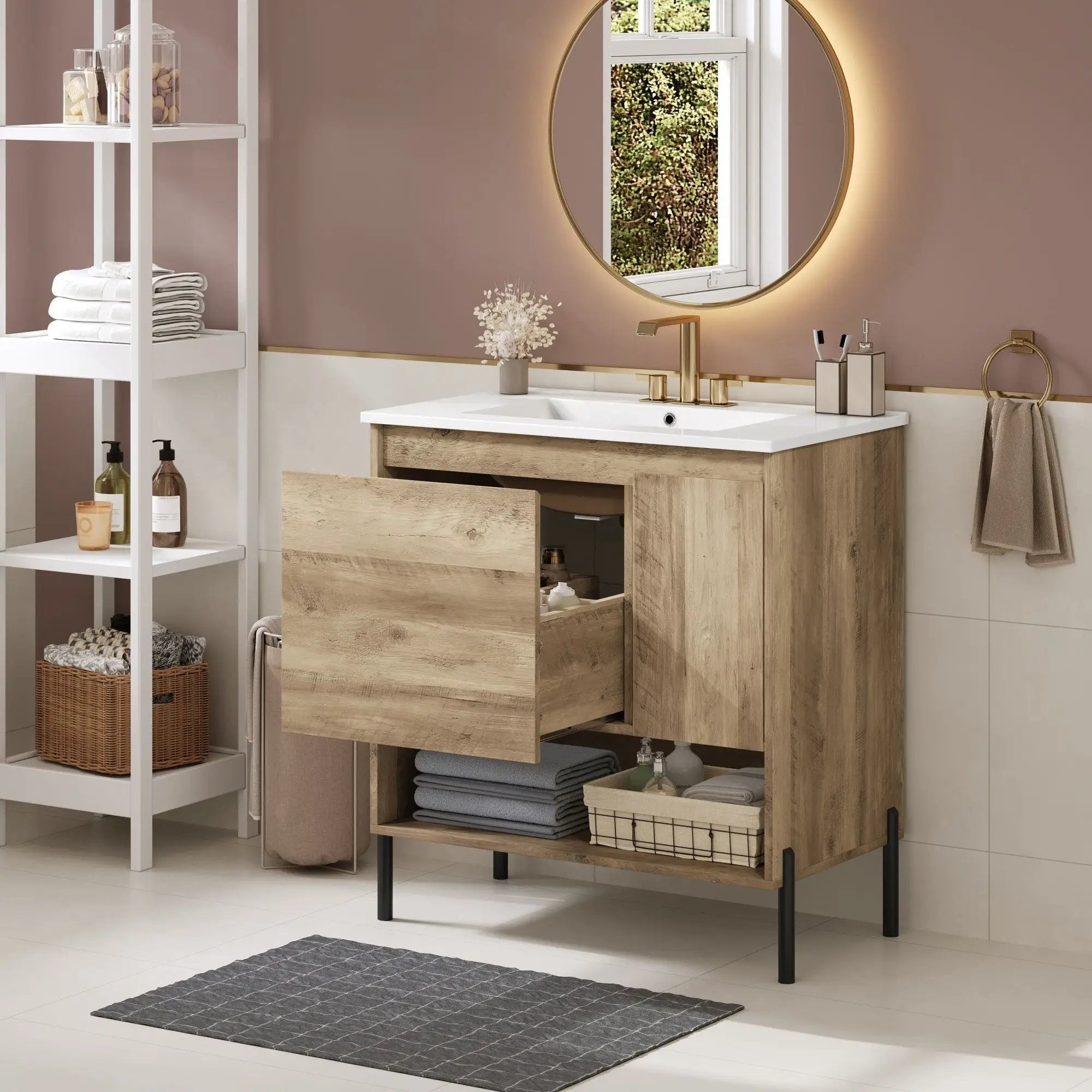 Bathroom Vanity Cabinet With Sink, Sliding Drawer, Soft Closing Door, Open Shelf - Natural Wood by HouseOfZazla