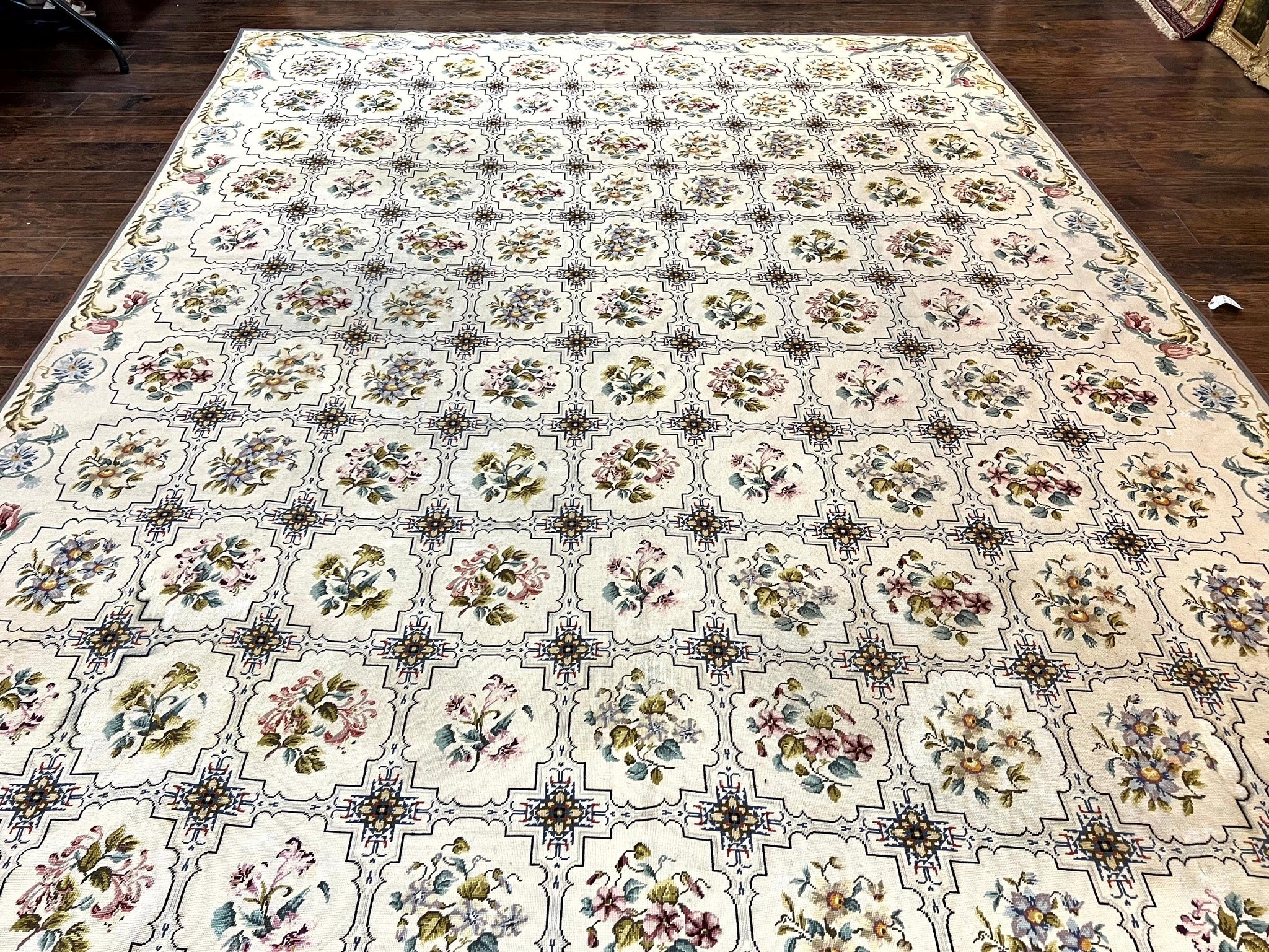 Needlepoint Rug 10x14, Wool Handmade Vintage Needlepoint Carpet, Floral Panel Design, Ivory/Cream by Jewel Rugs