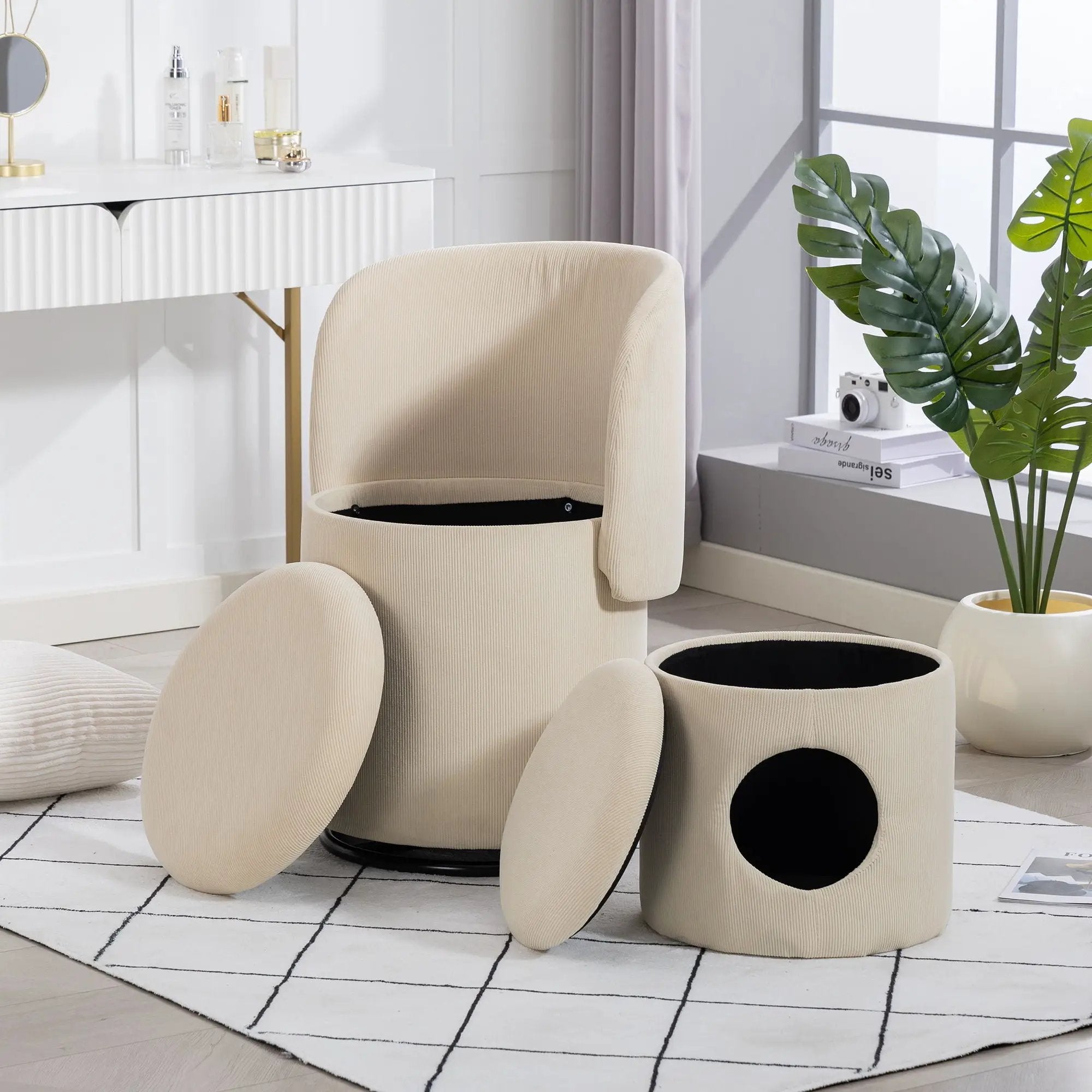 Barrel Chair, Built In Storage, 360° Swivel - Beige by HouseOfZazla