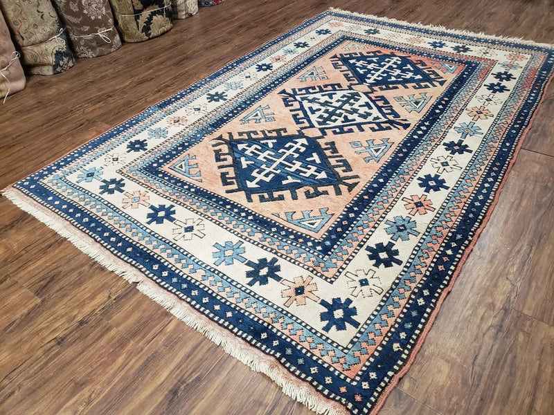 Turkish Kazak Rug 5x8 ft, Bold Geometric Bohemian Carpet, Blue and Ivory Hand Knotted Area Rug, Medium Sized High Quality Wool Oriental Rug by Jewel Rugs