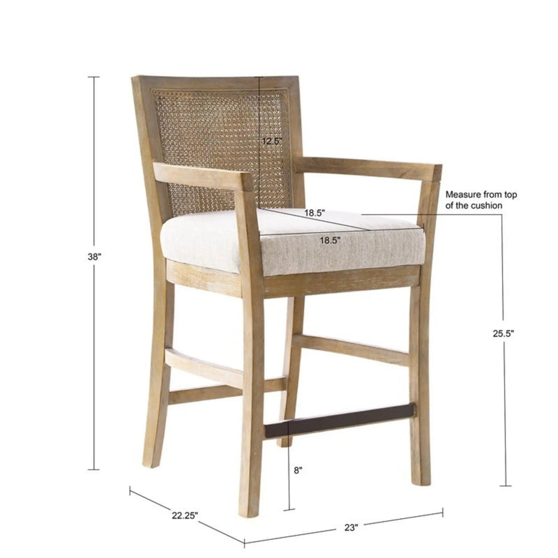 Cane Back Counter Stool With Upholstered Seat - Cream / Reclaimed Natural by HouseOfZazla