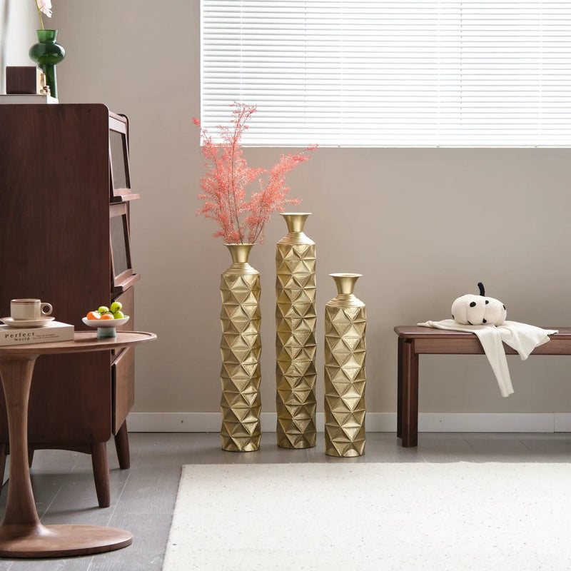 Metal Decorative Vase High Distress Metal Center Vase With 3D Triangle Pattern, (Set of 3) Vases For Home Decoration - Gold by Unique Piece Furniture