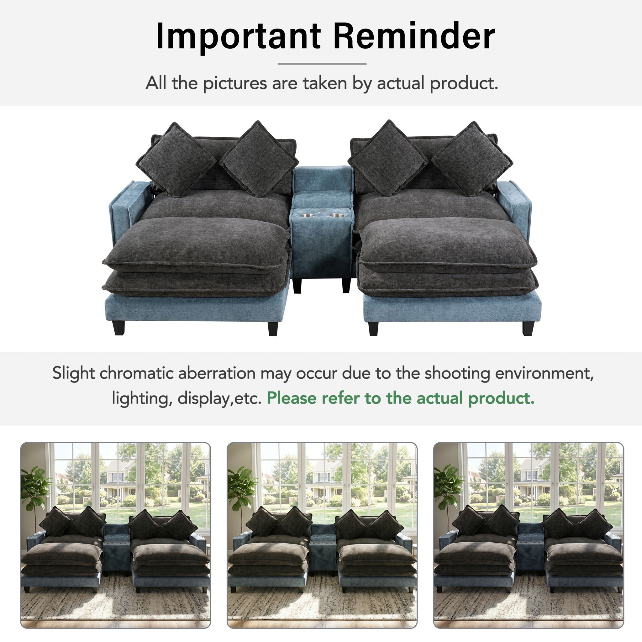 Sectional Sofa With Removable Ottomans, USB Ports, Cup Holders & Storage - Gray / Light Blue by HouseOfZazla