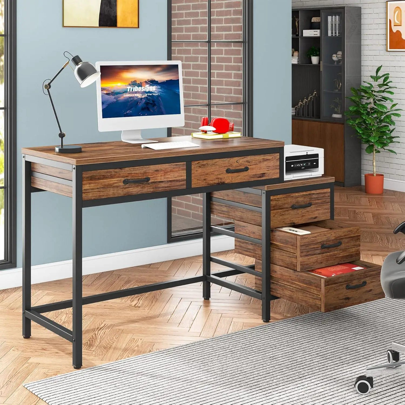 Computer Desk With Reversible 5 Drawer Storage, Frame Writing Table For Small Spaces by HouseOfZazla
