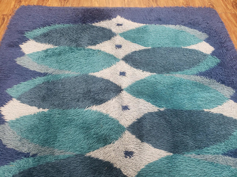 Blue Rya Rug, 1960s Mid-Century Modern Danish Shag Rug 4'6" x 6'7", Ege Rya, Abstract by Jewel Rugs