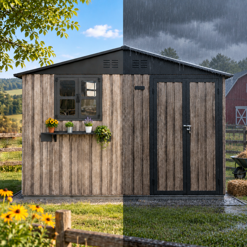 10x8 FT Outdoor Metal Storage Shed with Window & Flower Rack, Lockable Double Doors Tool Shed, Waterproof Weatherproof Garden Shed for Backyard Patio,Grey+Black., photo 3 of 9