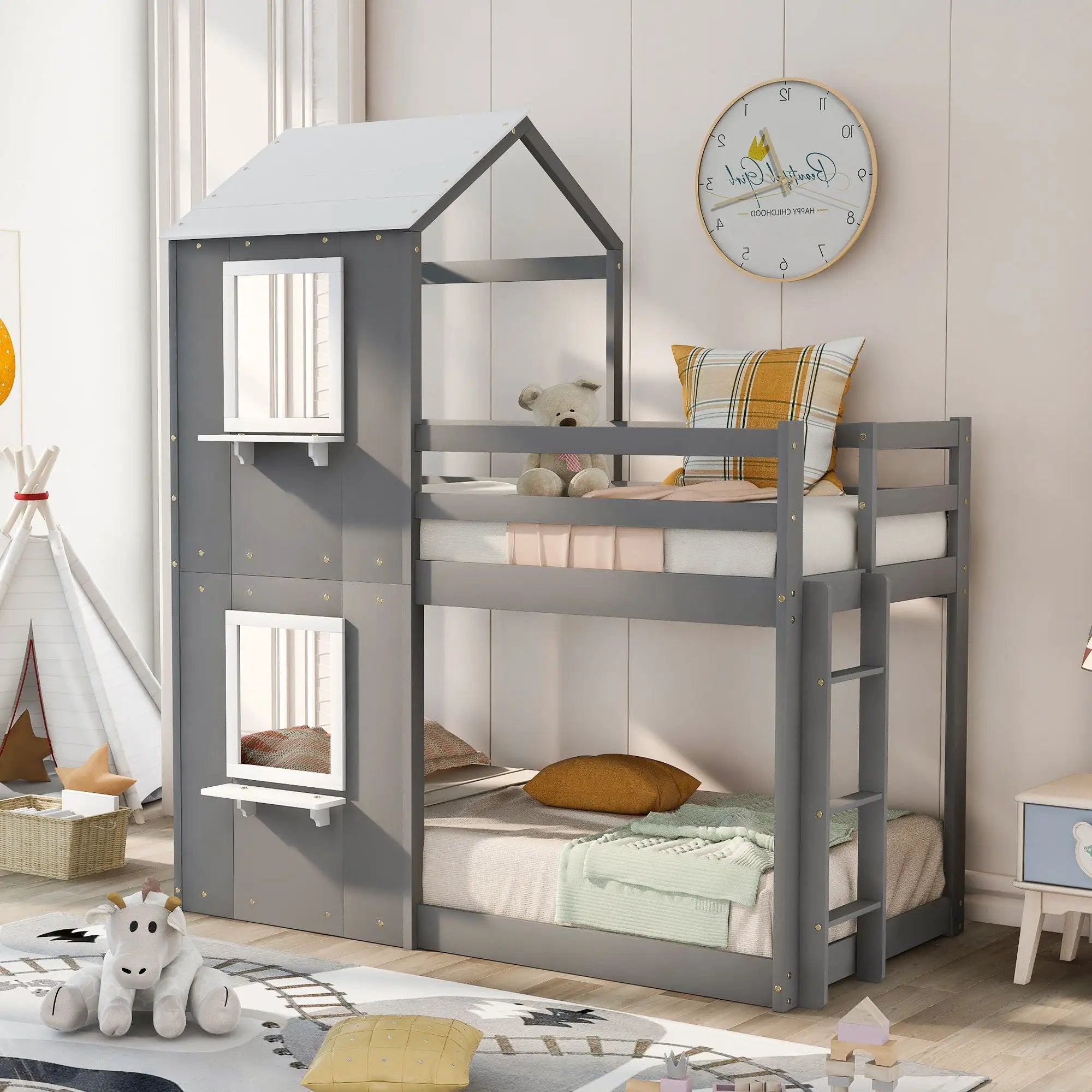 Bunk Bed Wood Bed & Roof, Window, Guardrail, Ladder by Unique Piece Furniture