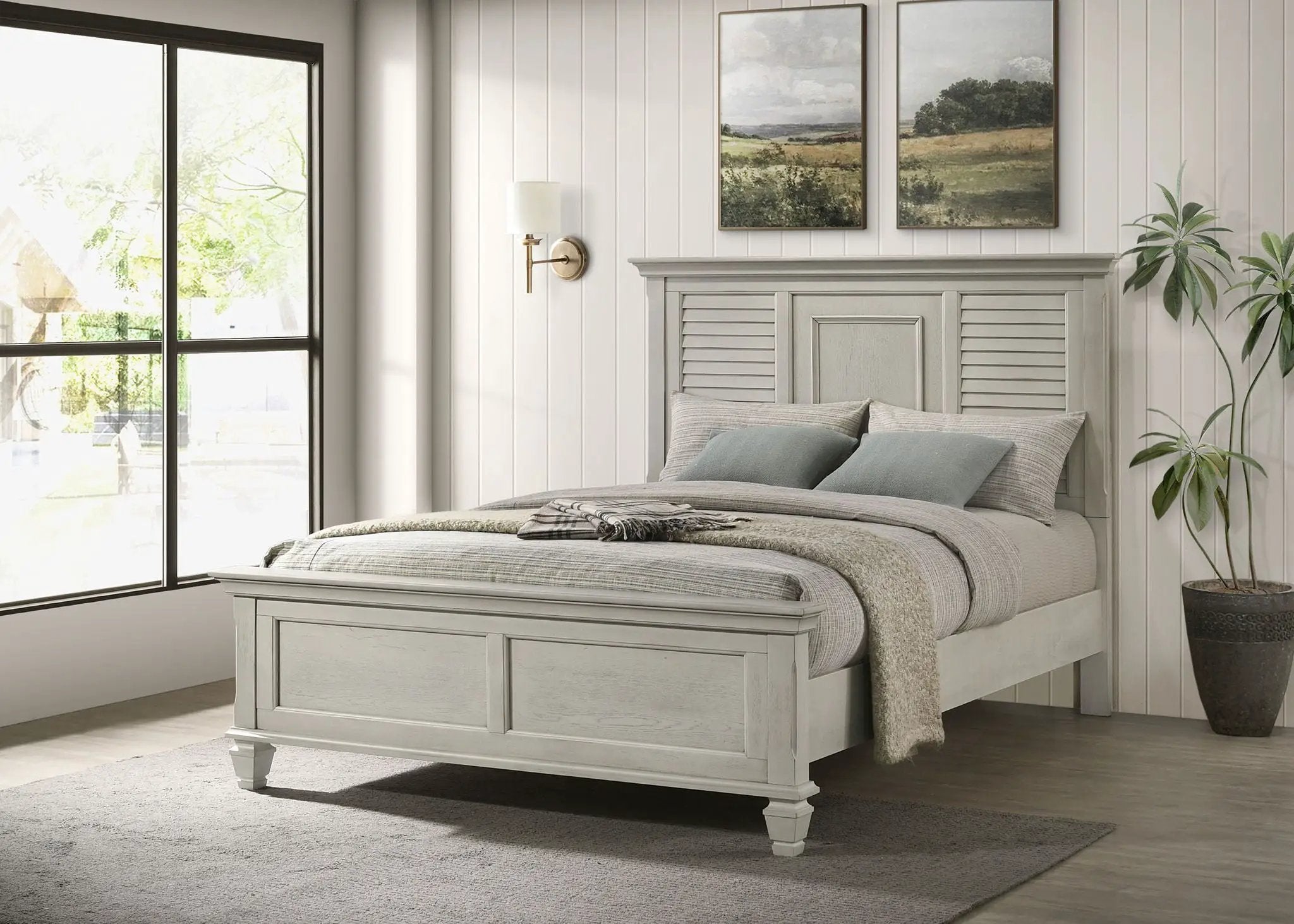 Franco Wood Queen Panel Bed Distressed White by Unique Piece Furniture