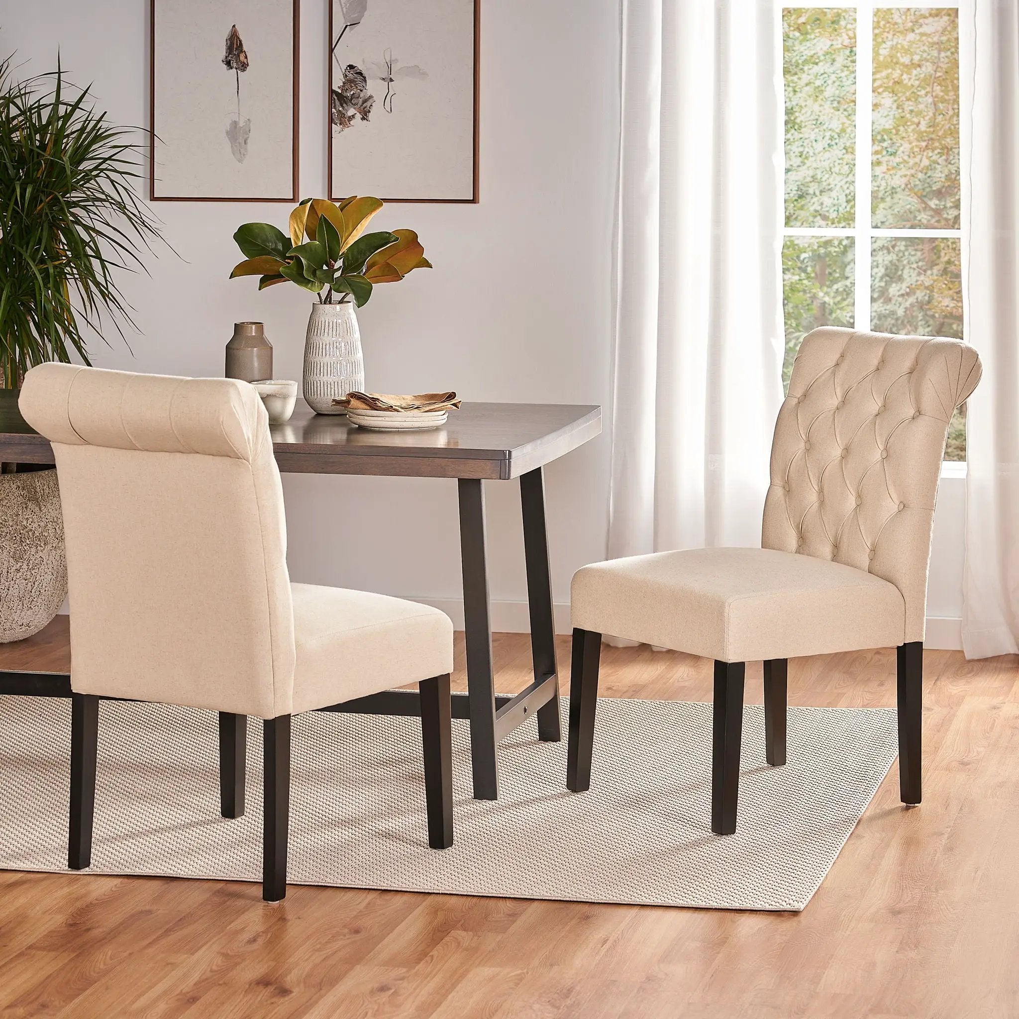 Dining Rolltop Chairs (Set of 2), Upholstered Armless Chair With Wood Leg - Ivory by HouseOfZazla