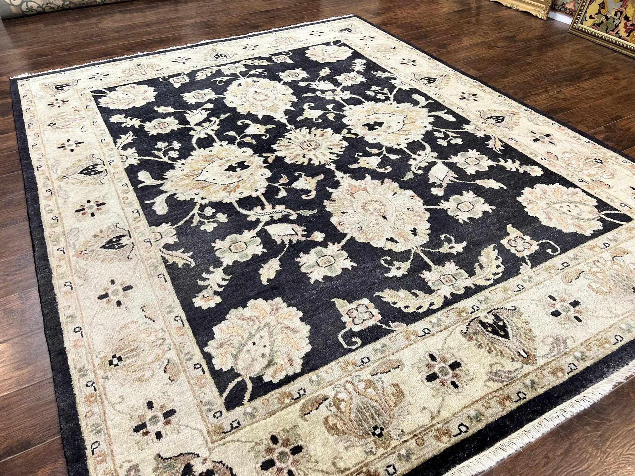 Indo Mahal Rug 8x10, Black and Beige, Vintage Rug 8 x 10 ft, Floral, Handmade Wool Carpet by Jewel Rugs