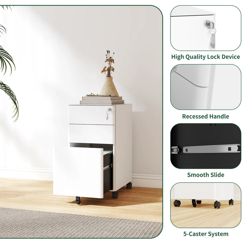 3-Drawer Mobile File Cabinet With Lock, On Wheels, Two Shallow & One Deep Drawer For Office/Home, Fully Assembled - White by Unique Piece Furniture