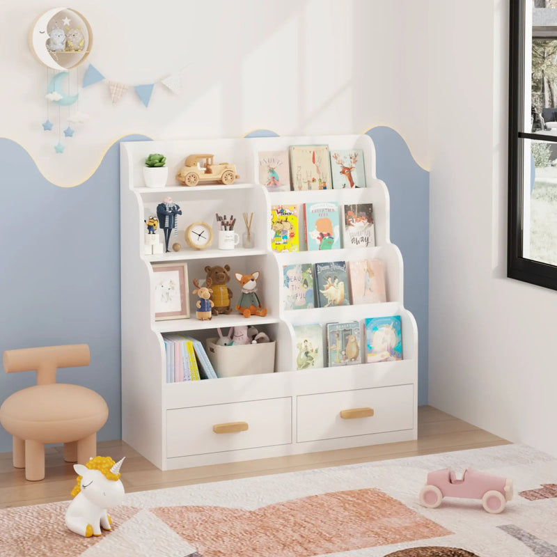 Bookshelf With 2 Storage Drawers, Front Facing Bookcase And Toy Organizer, Multi Tier Reading Shelf - White by Unique Piece Furniture