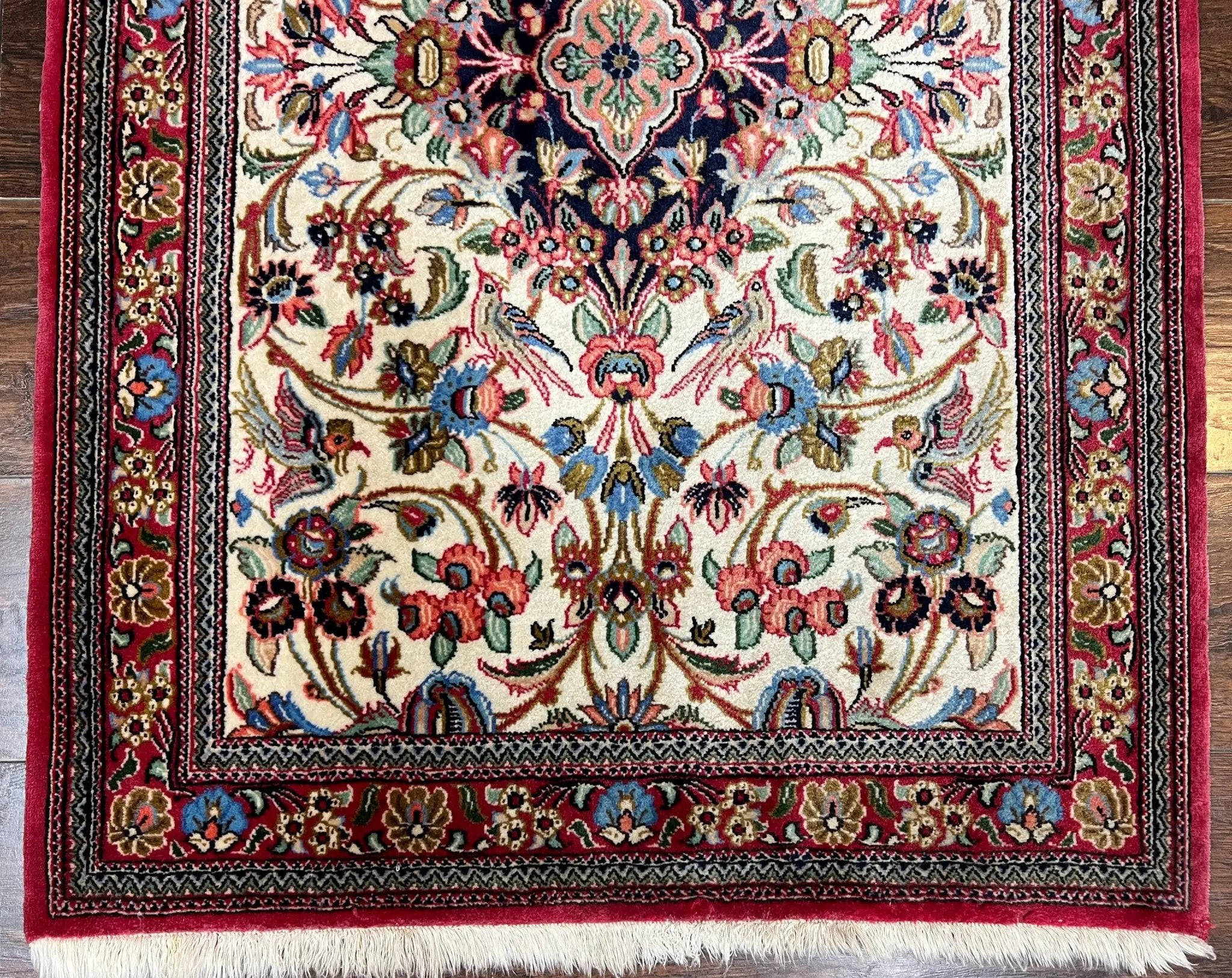 Wonderful Persian Qum Runner Rug 2.8 x 10 ft, Floral Medallions with Bird Motifs, Hand Knotted Wool Fine Oriental 10ft Hallway Runner, Cream Red by Jewel Rugs