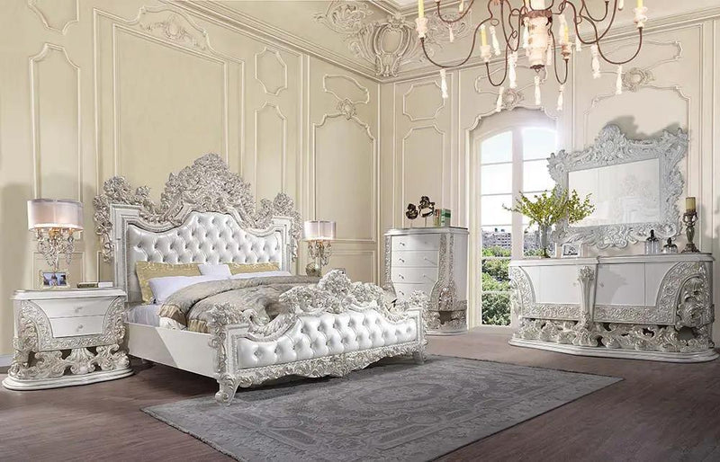 Adara - Eastern King Bed - Pearl White Synthetic Leather & Antique White by Unique Piece Furniture