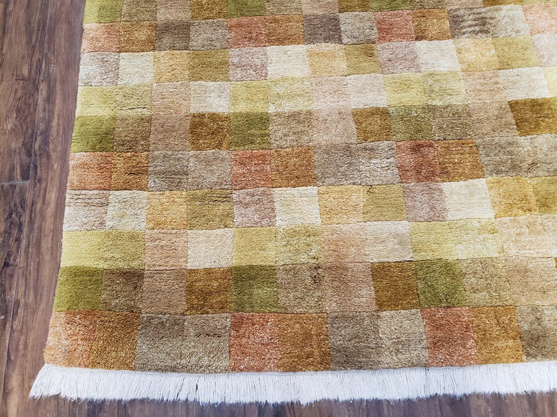 4x6 Tibetan Rug, Modern Abstract Handmade Area Rug, Checkerboard Pattern, Neutral Ivory Gold Tan Colors, Soft Pile, Mid Sized Rug, Nepali by Jewel Rugs