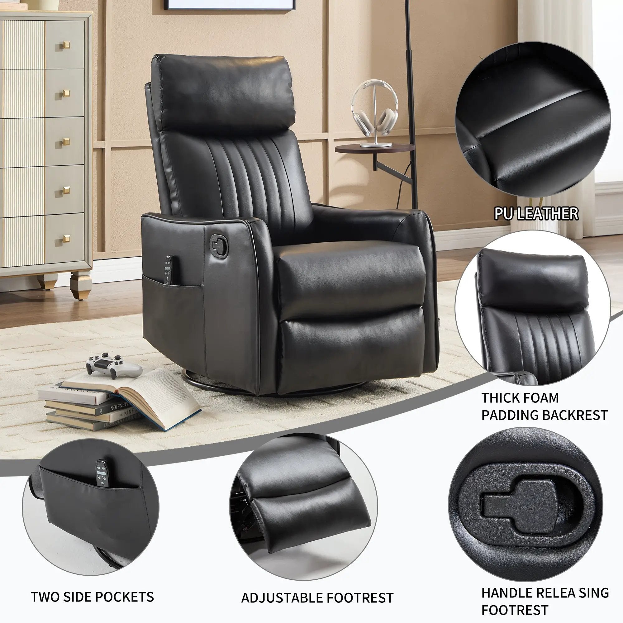 Black Faux Leather Heat Massage Manual Recliner Chair by HouseOfZazla
