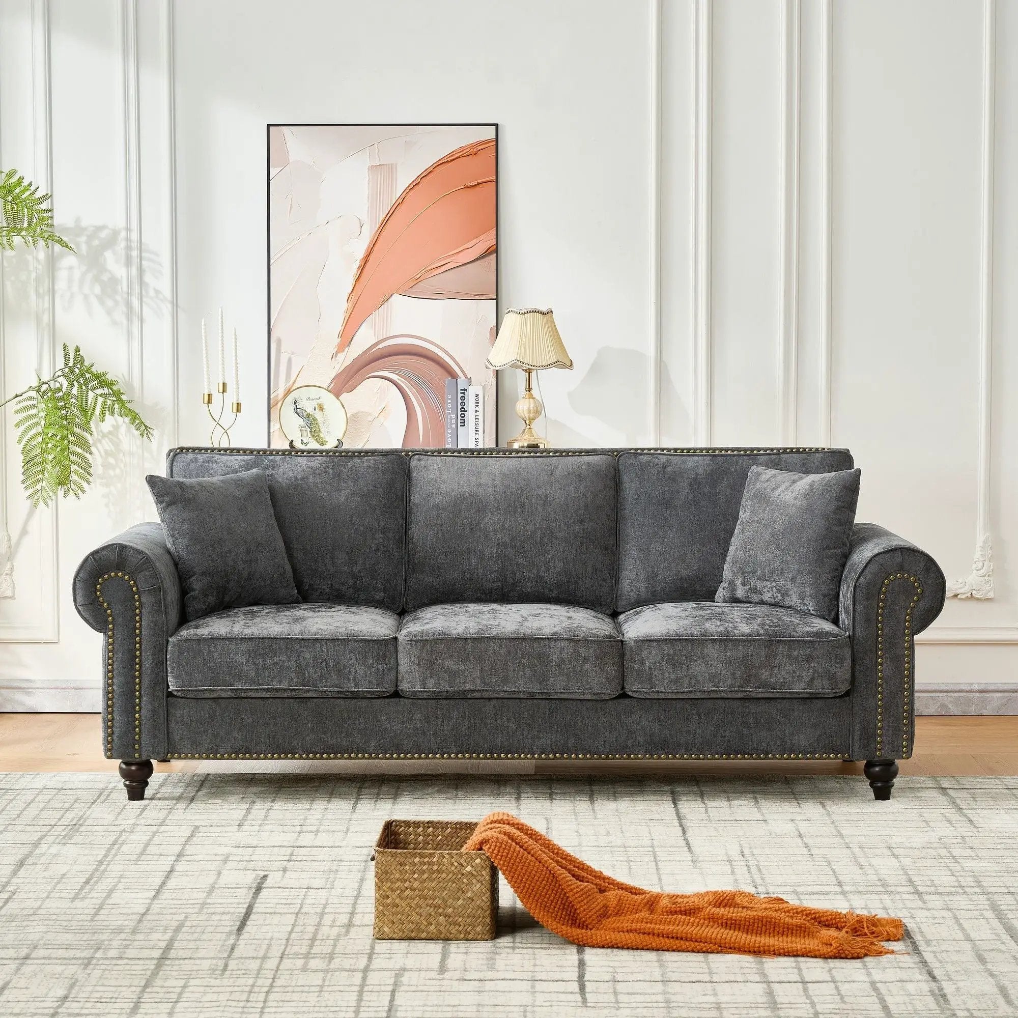 3 Seater Sofa With Tufted Upholstery, Rolled Arms, Nailhead Trim by HouseOfZazla