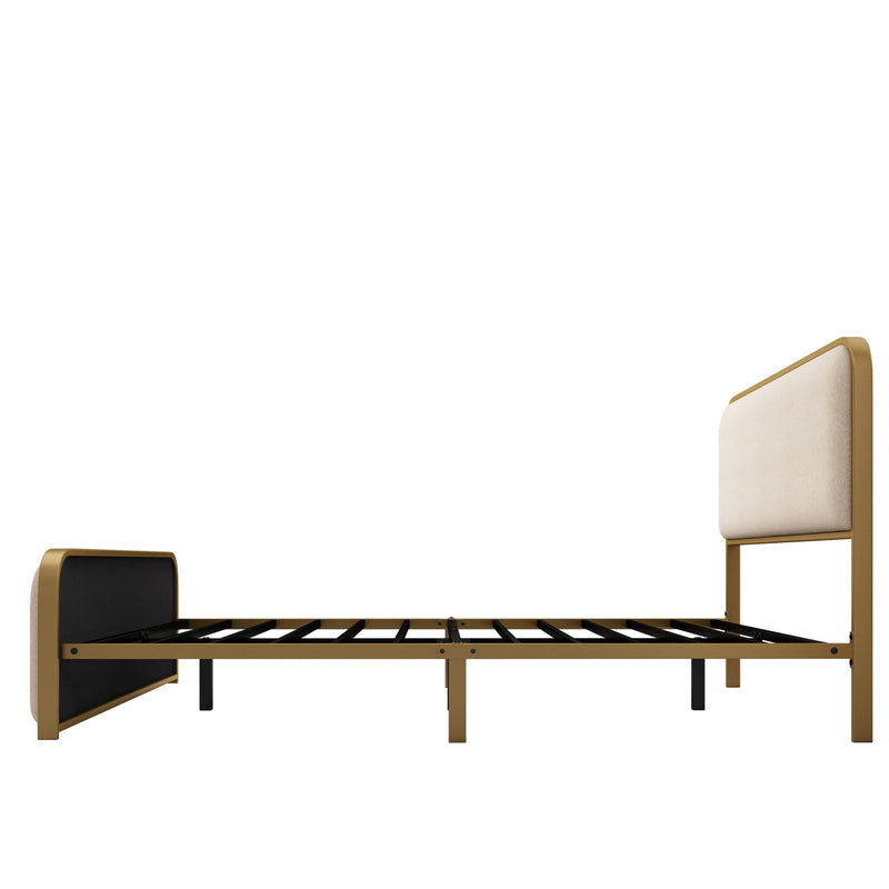 Queen Size Bed Frame With Curved Upholstered Headboard And Footboard - Beige / Gold by HouseOfZazla