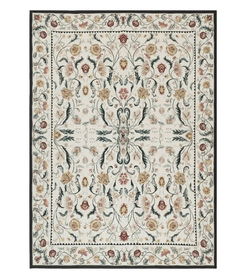 New Needlepoint Rug 9x12, Hand Woven Wool Area Rug, Flatweave Carpet, Handmade Chinese Needlepoint, Floral European Design, Ivory Background by Jewel Rugs