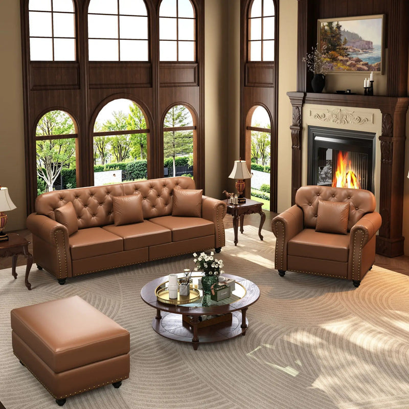 Upholstered Sofa With Nailhead Trim, Rolled Armrests With Ottoman by HouseOfZazla