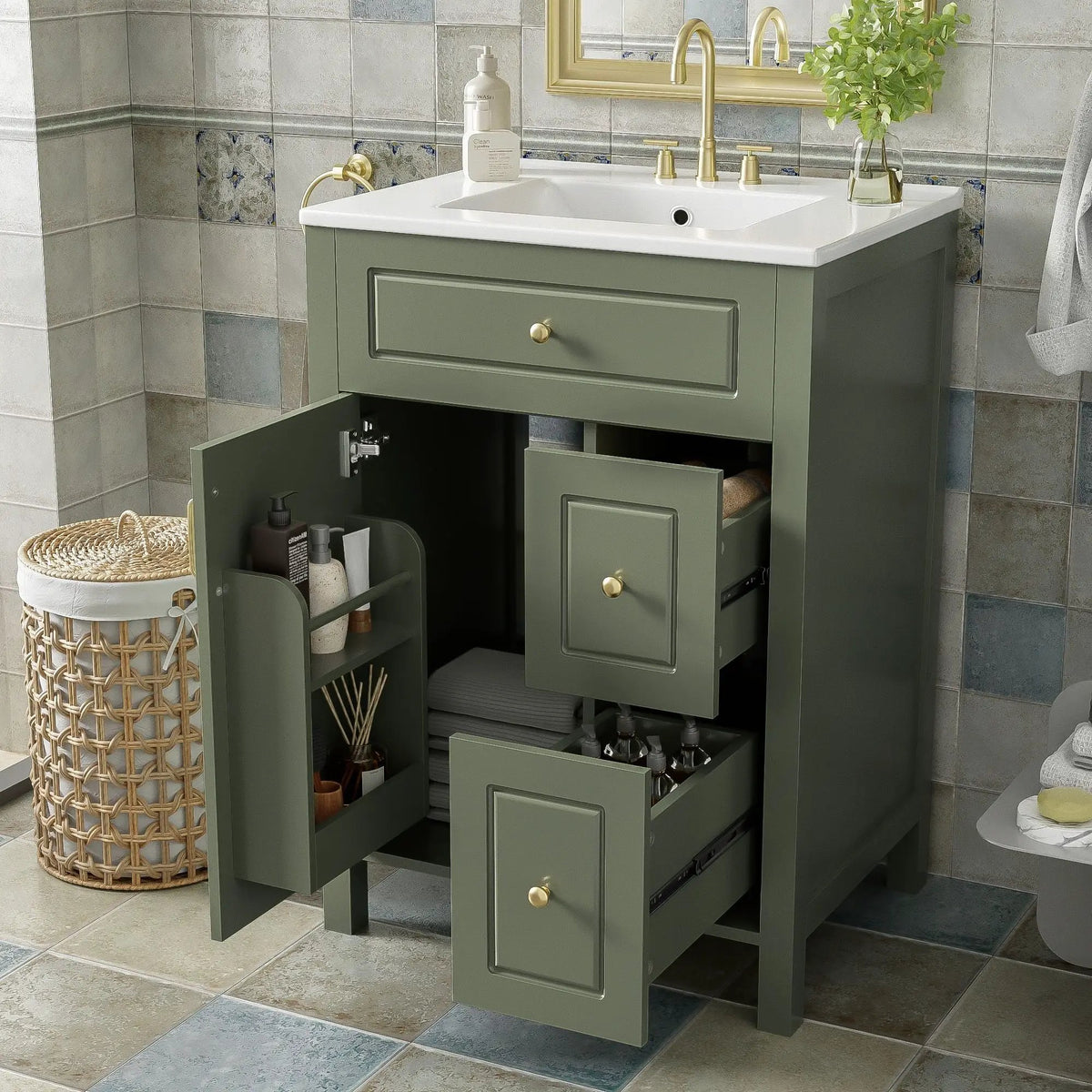 Elegant Bathroom Vanity With Ceramic Sink, Soft Close Doors And Drawers, Double Storage Racks, photo 17 of 20