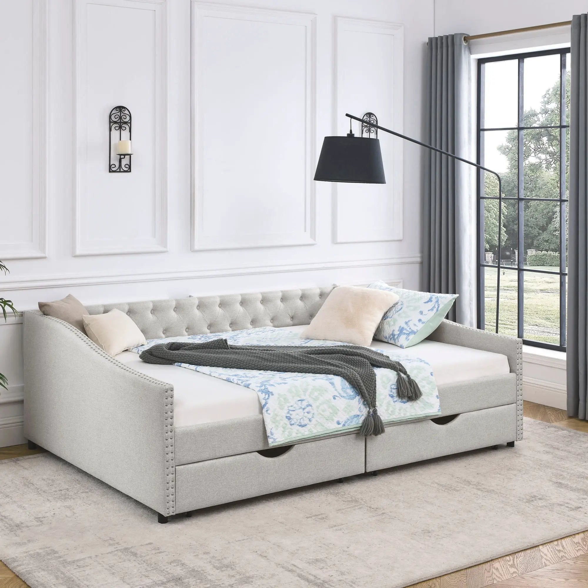 Upholstered Tufted Daybed With Drawers, Waved Arms by Unique Piece Furniture