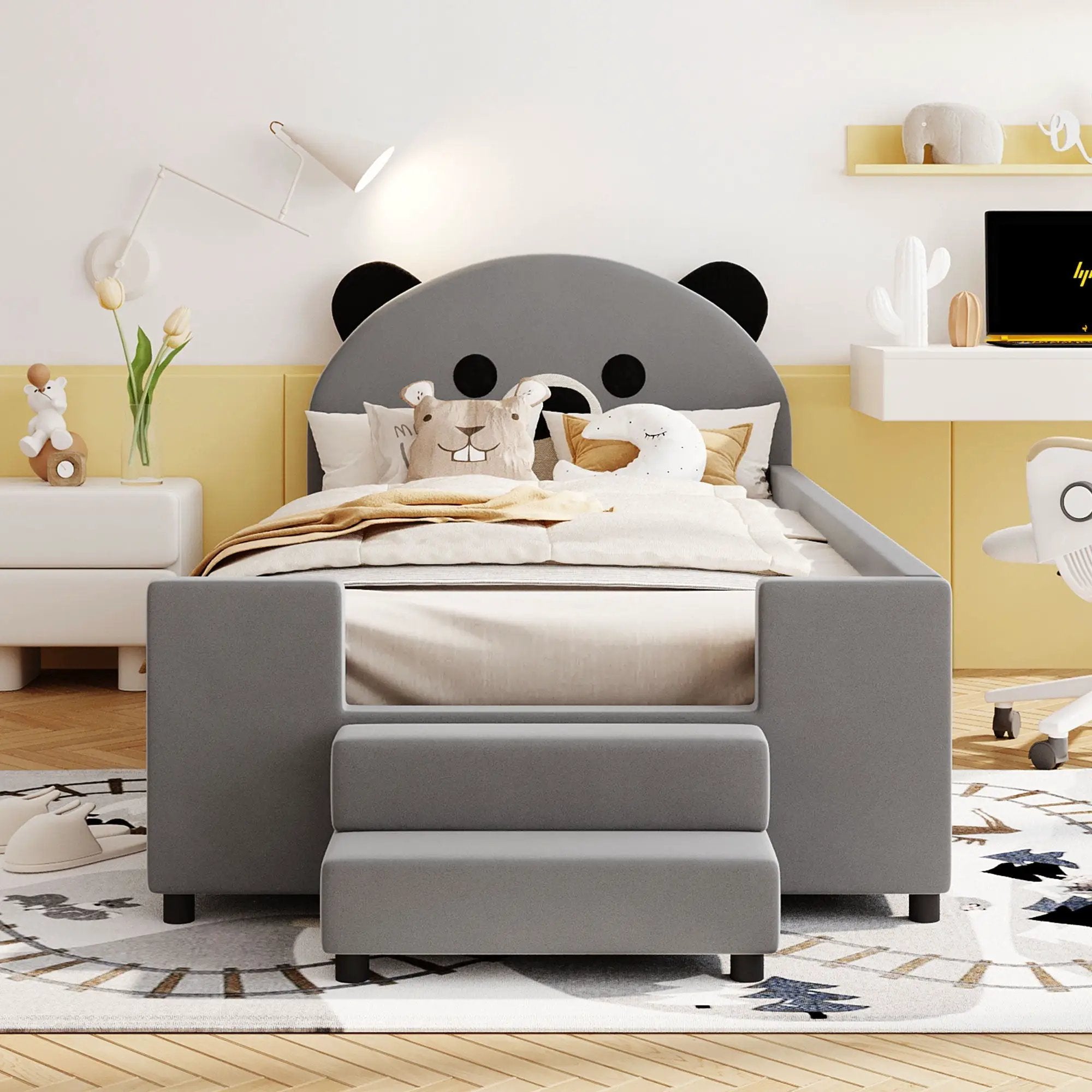 Upholstered Daybed With Bear Shaped Headboard, Hydraulic System And Breathable Fence by HouseOfZazla
