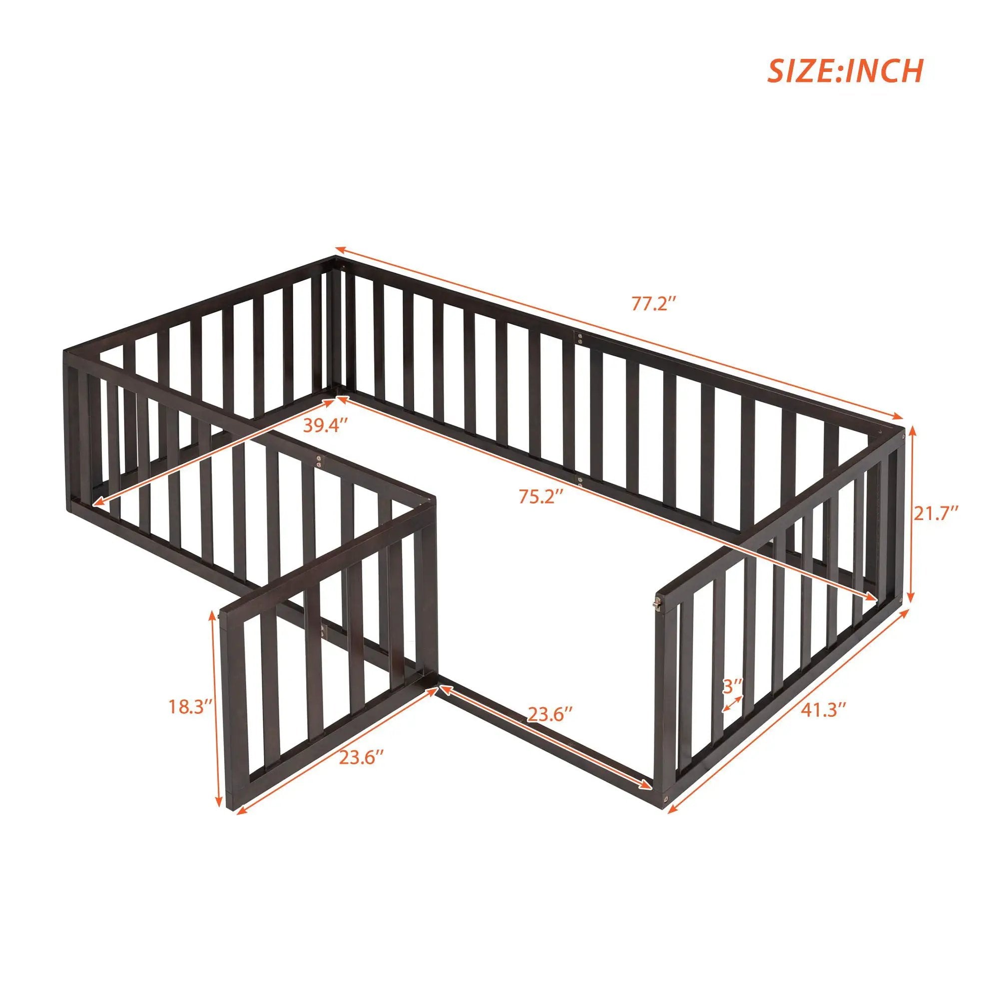 Twin Size Floor Bed Frame With Fence And Door - Walnut by HouseOfZazla