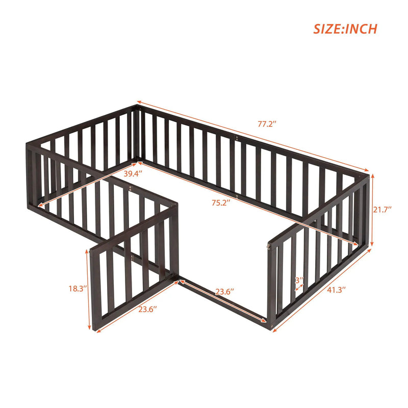 Twin Size Floor Bed Frame With Fence And Door - Walnut by HouseOfZazla