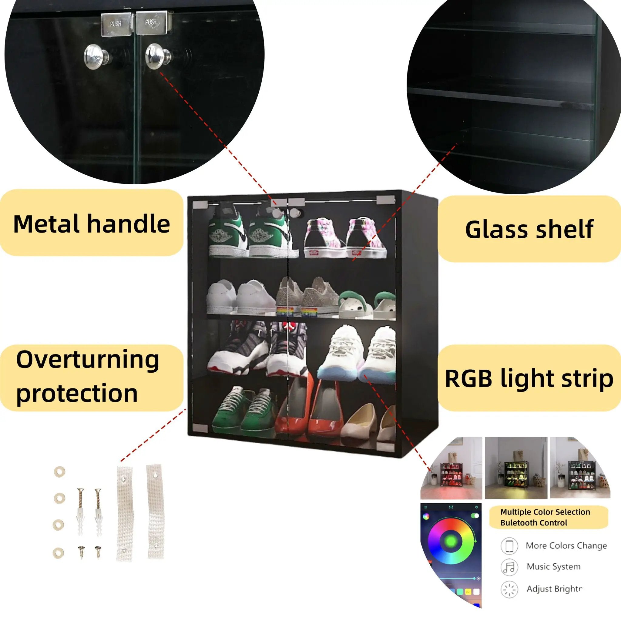 4 Layers Shoe Cabinet With Glass Door And Glass Layer Shoes Display Cabinet With LED Light Bluetooth Control - Black by HouseOfZazla