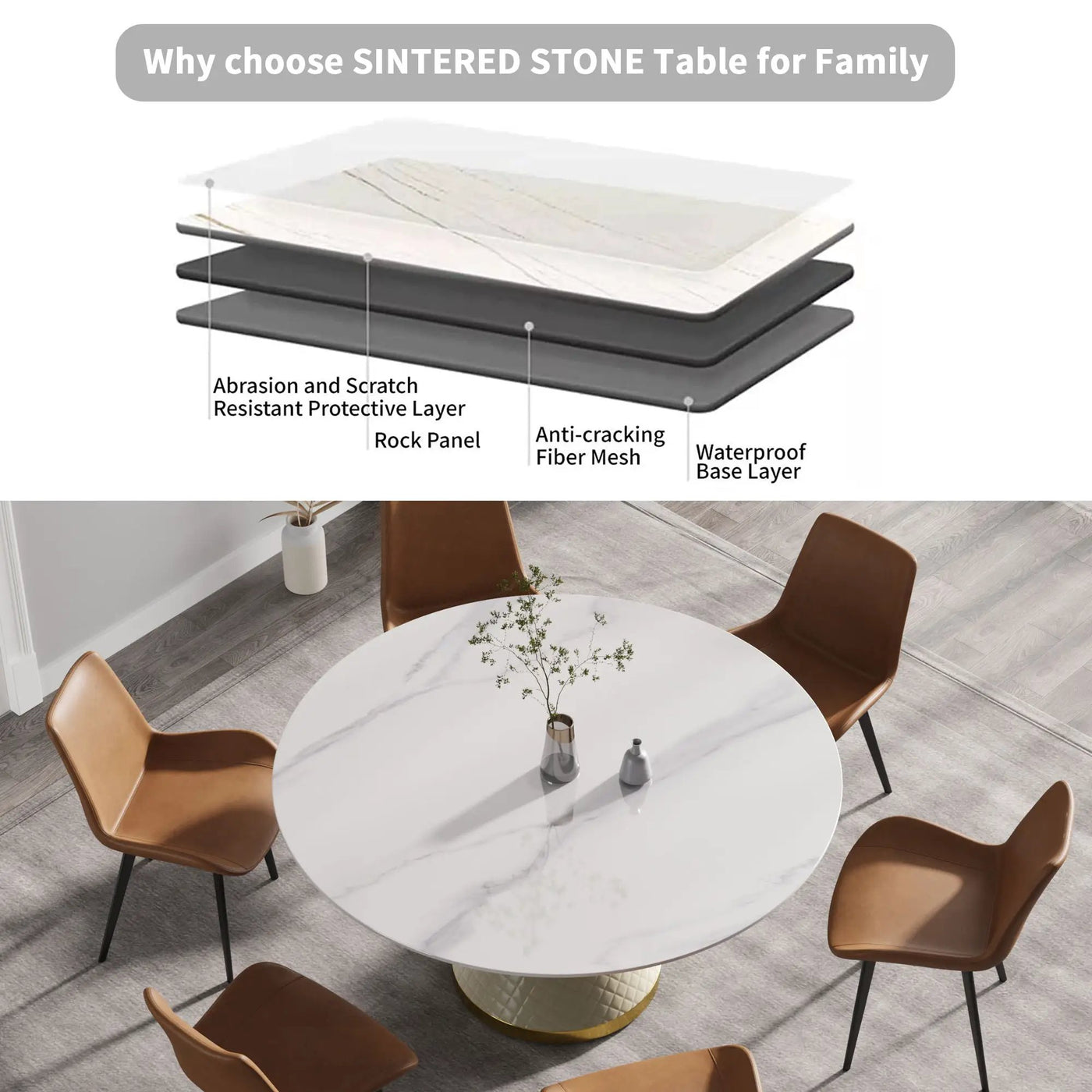 Modern Artificial Stone Round Carbon Steel Base Dining Table, Can Accommodate 6 People by HouseOfZazla