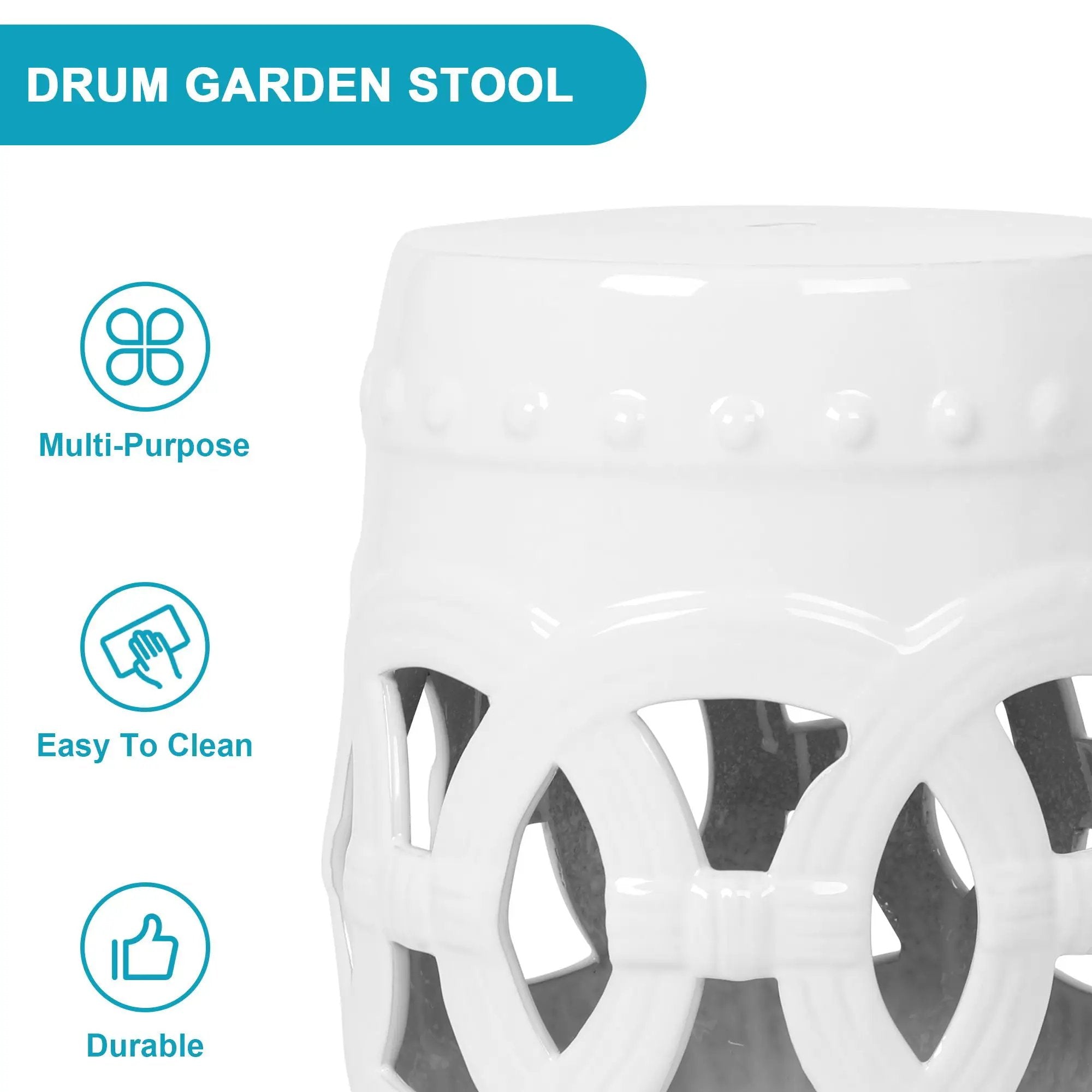 Elegant Glazed Ceramic Drum Stool Indoor / Outdoor Side Table Accent Garden Stool - White by HouseOfZazla