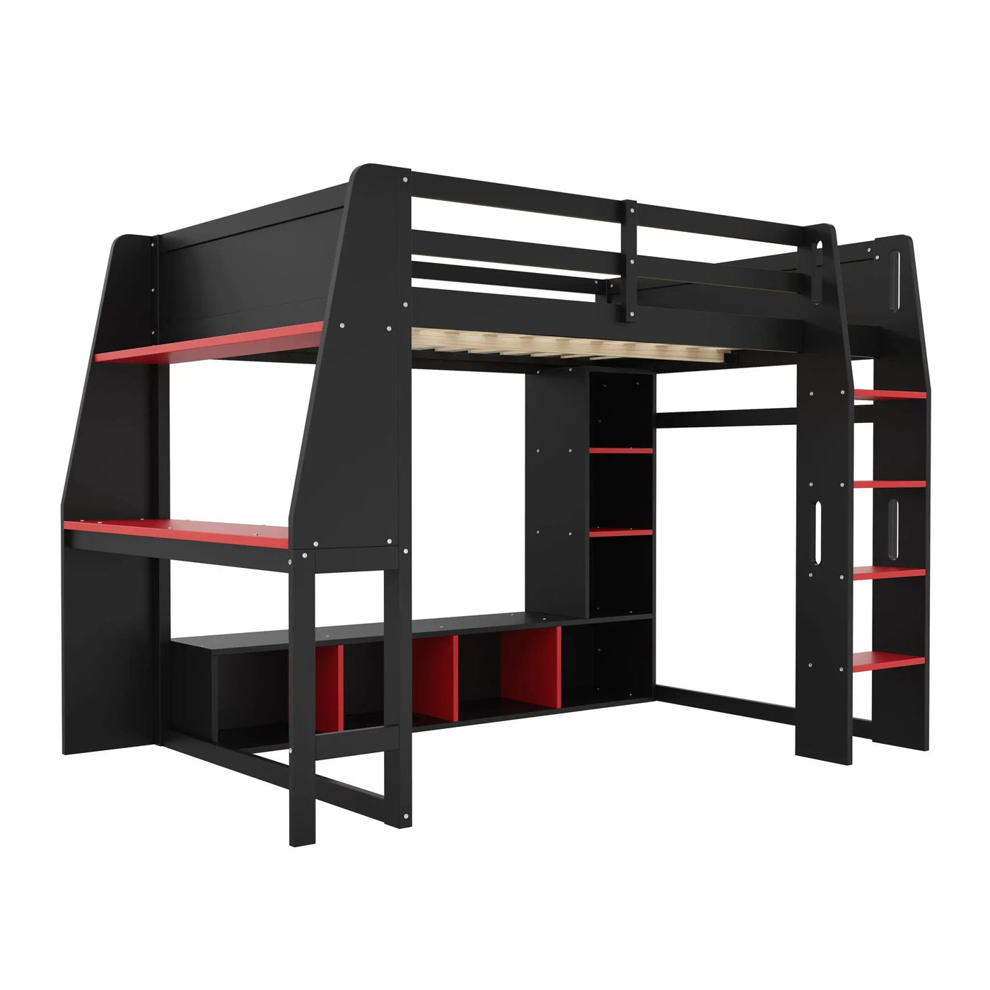 Gaming Loft Bed With Desk, Multi Storage Shelves, LED Lighting, And Hanging Clothes Rack by HouseOfZazla