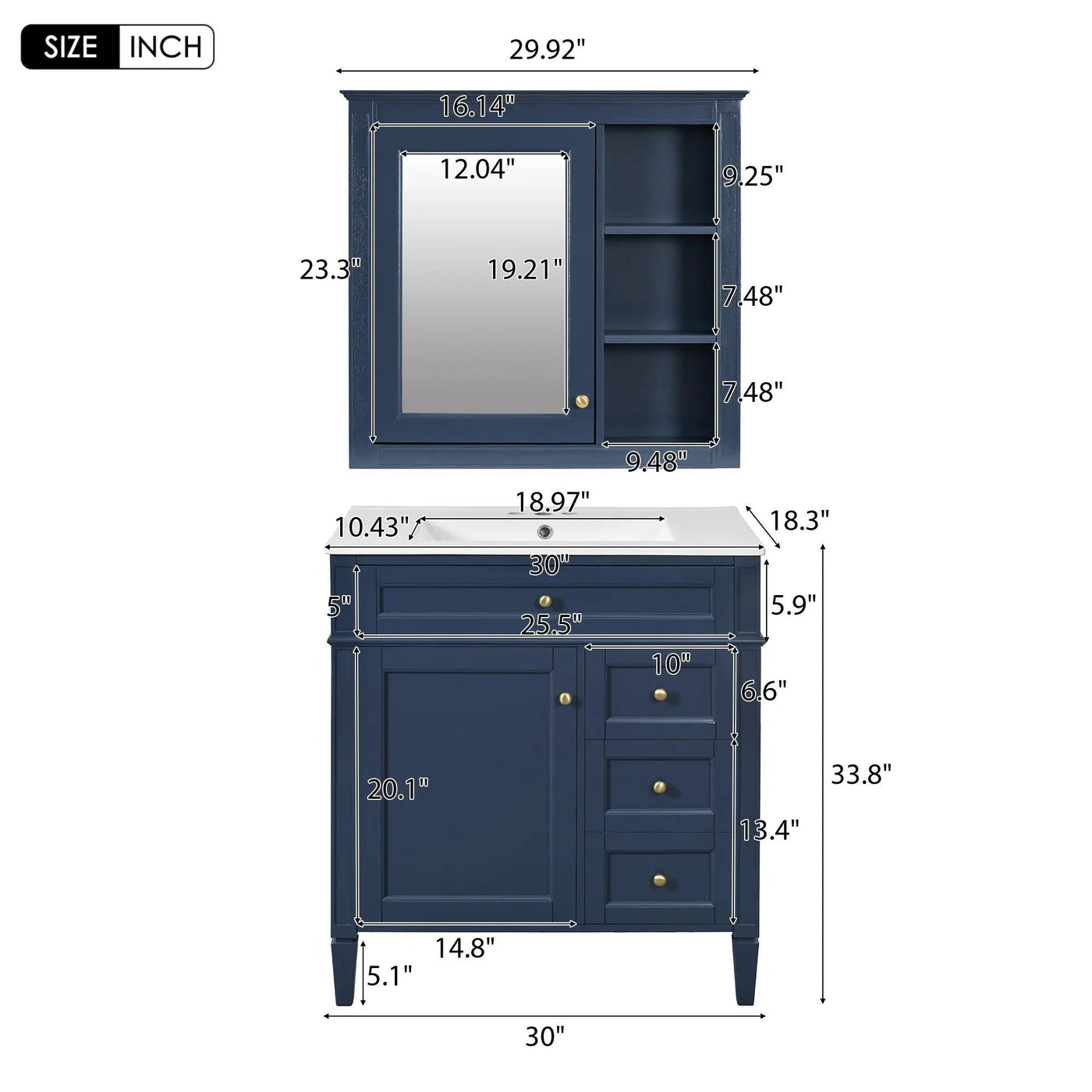 Bathroom Vanity With Top Sink, 2 Doors And 3 Drawers, Freestanding Set With Mirror Cabinet by HouseOfZazla
