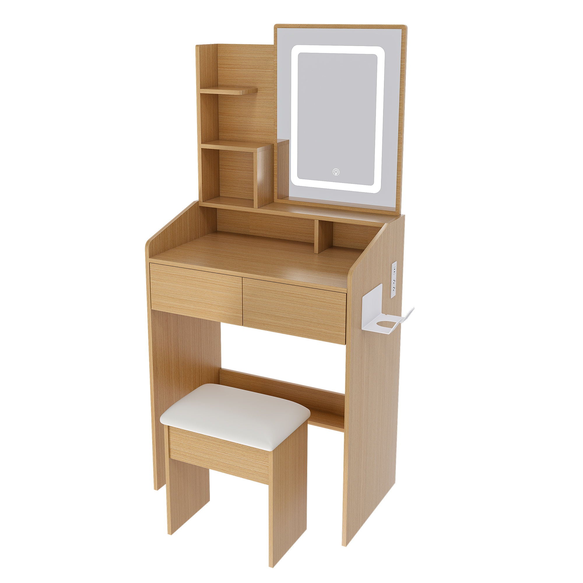Vanity Table With LED Mirror, Power Outlet, Hairdryer Holder & Padded Stool, Compact Dressing Desk For Small Bedrooms - Wood by Unique Piece Furniture