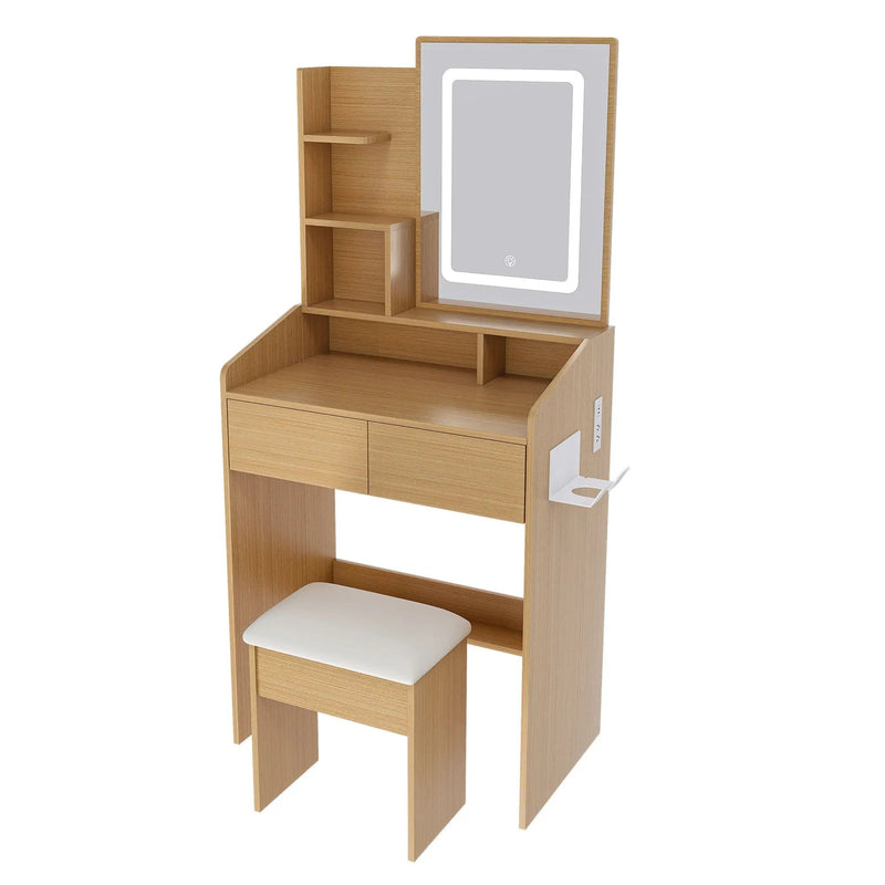 Vanity Table With LED Mirror, Power Outlet, Hairdryer Holder & Padded Stool by HouseOfZazla