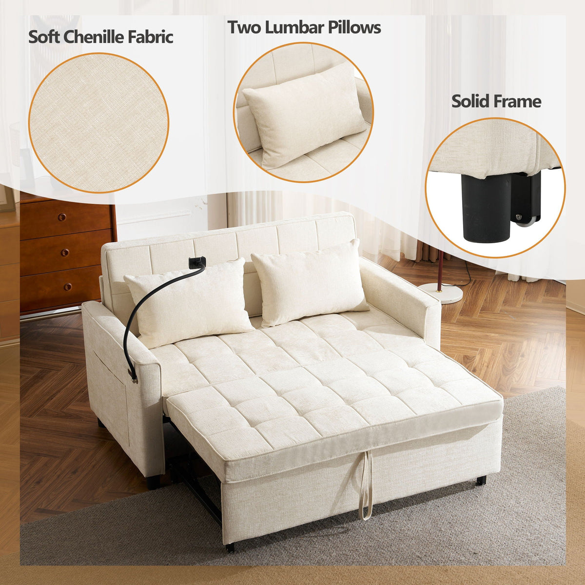 Pull-Out Sleeper Sofa With Reversible Backrest Cushion, Side Pockets, 2 USB Ports And A Phone Holder For Living Room, photo 24 of 25