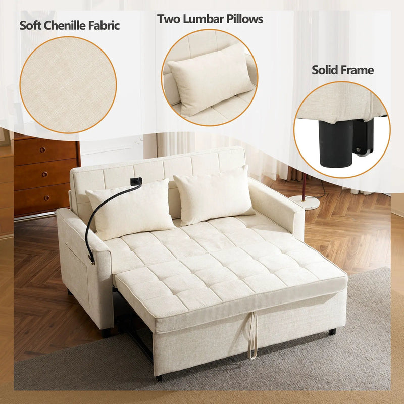 Pull-Out Sleeper Sofa With Reversible Backrest Cushion, Side Pockets, 2 USB Ports And A Phone Holder For Living Room by Unique Piece Furniture