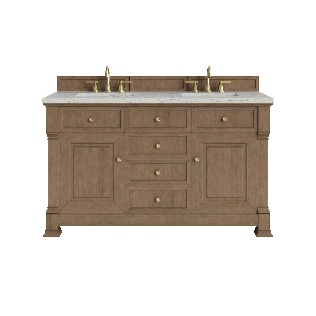 James Martin Brookfield 60" Double Bathroom Vanity, Pecan with Eternal Jasmine Pearl countertop