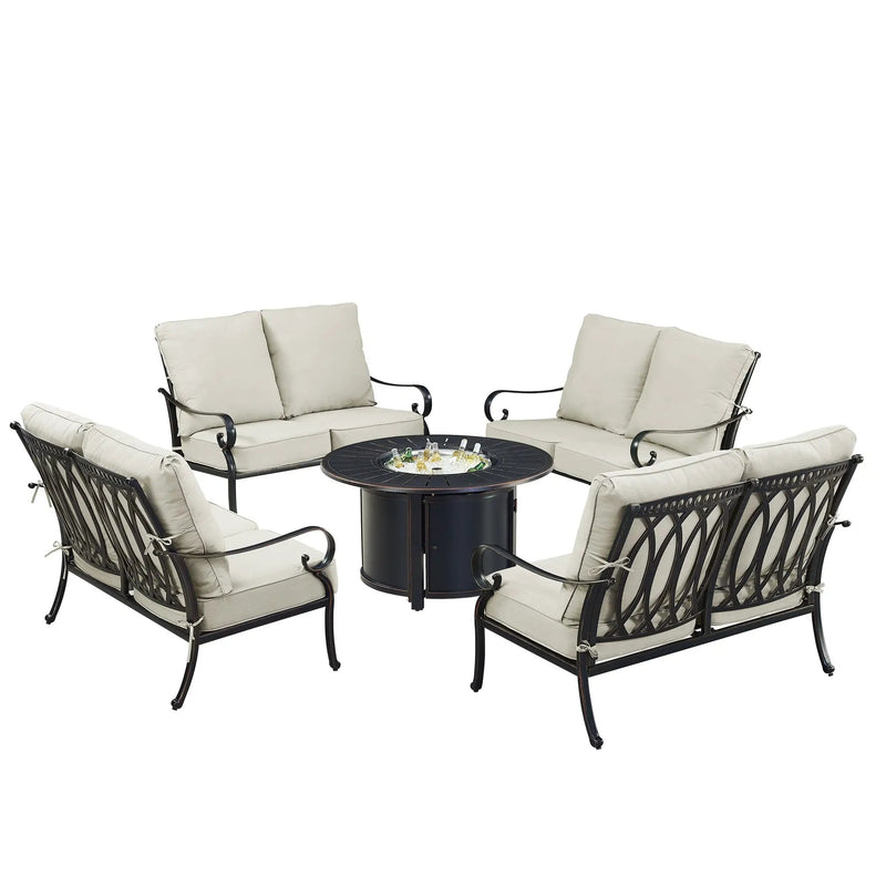 Black Aluminum Fire Table Set with Four Deep Seating Loveseats by Sharicks