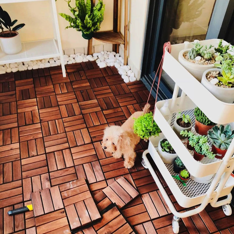 Interlocking Deck Tiles Checker Pattern, Square Acacia Hardwood Outdoor Flooring For Patio, Bancony, Pool Side by HouseOfZazla