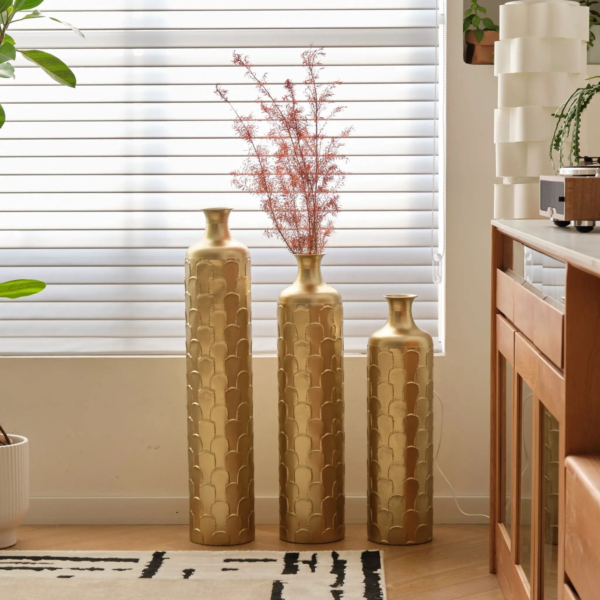 Floor Metal Vases Decorated White Metal Vases (Set of 3) Gorgeous Home Decoration Large Glazed Metal Vases - Golden by HouseOfZazla