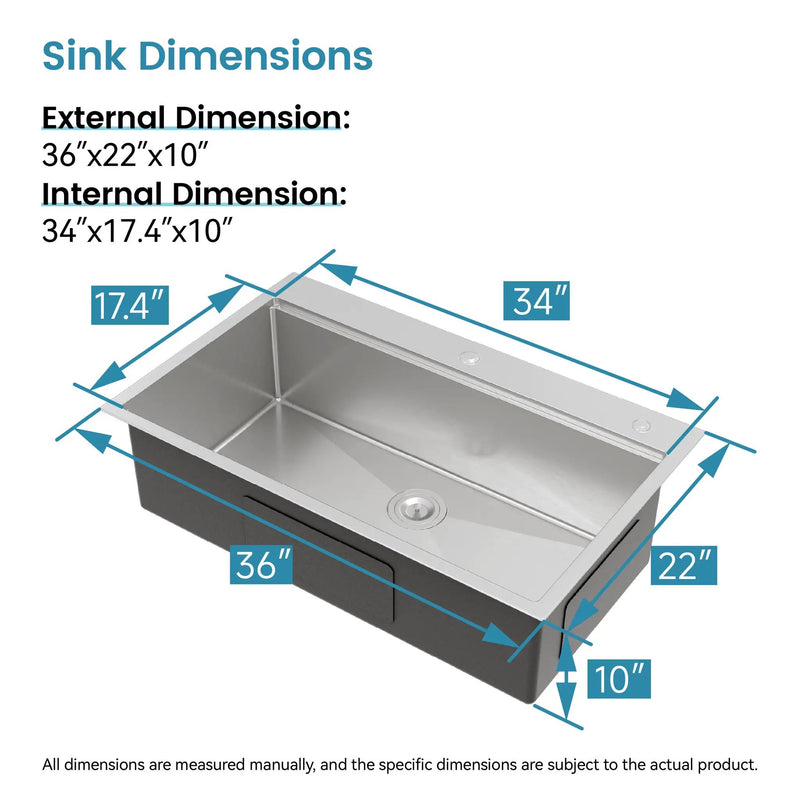 Stainless Steel Kitchen Sink, 36"x22" Single Bowl, Overmount, Brushed by HouseOfZazla