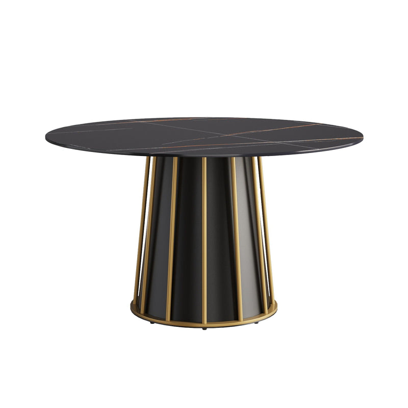 Modern Artificial Stone Round Metal Iron Base Dining Table, Can Accommodate 6 People (Not Including Chairs.) - Black by HouseOfZazla