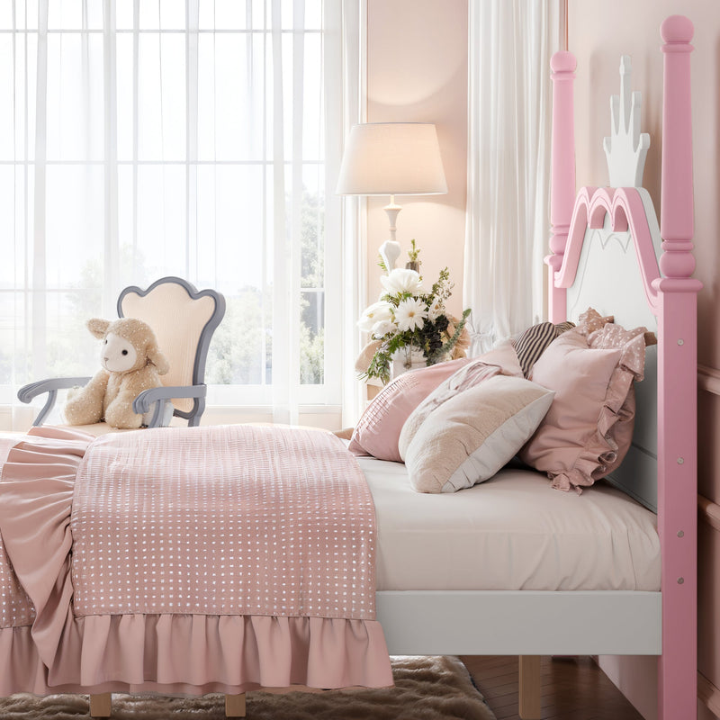 Full Size Crown Shaped Platform Bed, Four Poster Stylish Wooden Bed Frame, Elegant Curved Headboard Bed Frame For Bedroom,White&Pink, photo 6 of 10
