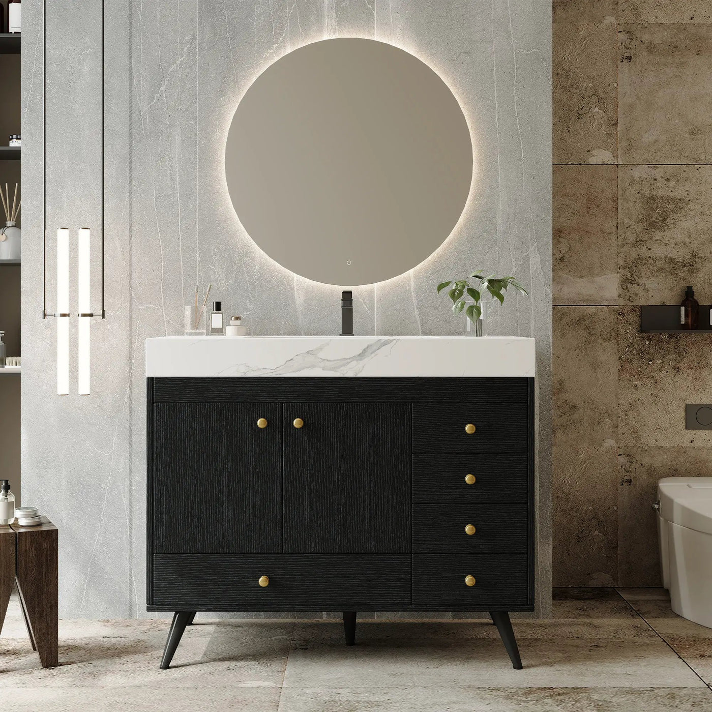 36" Freestanding Bathroom Vanity with Faux Marble Top, Ceramic Sink, 5 Drawers & Stainless Steel Legs by HouseOfZazla